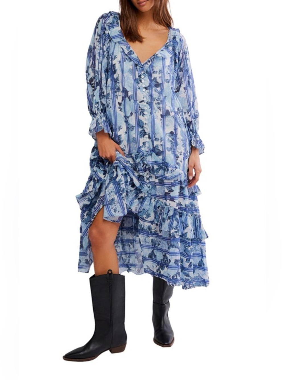 Free People Women's Blue Garden Wonders Maxi Dress Sz: S Oversized